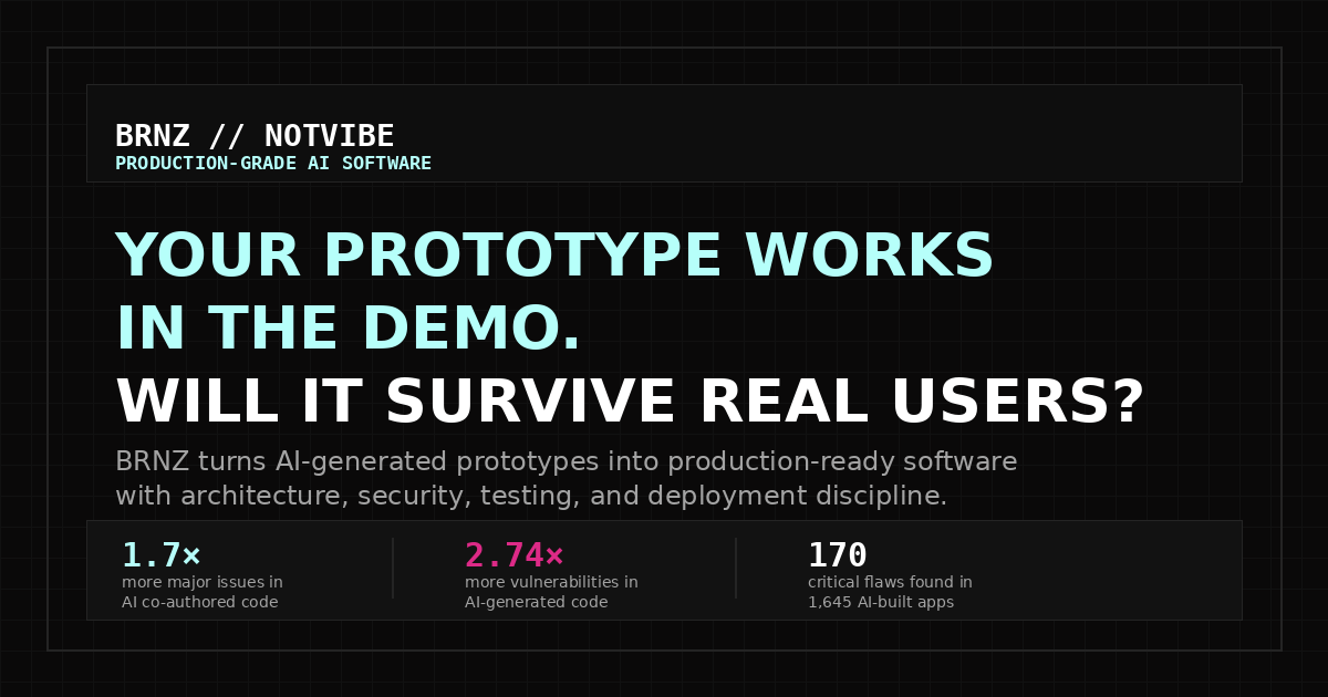 BRNZ NotVibe summary image showing the headline Your prototype works in the demo. Will it survive real users?